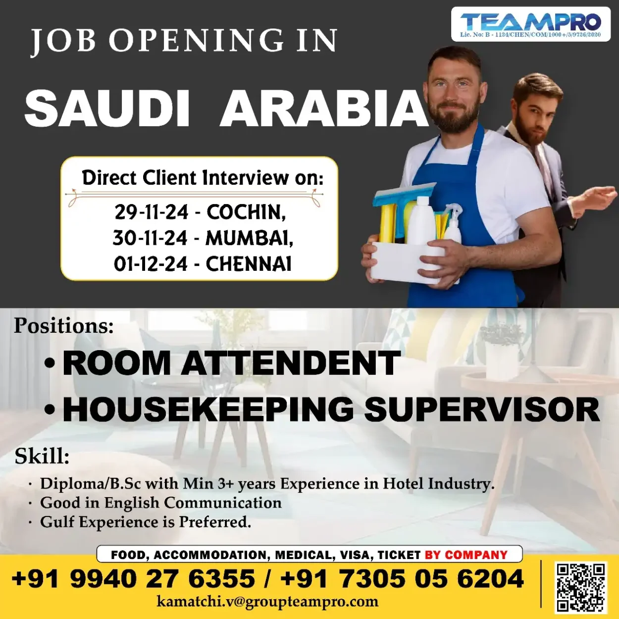 1. Jobs for Room Attendant & Housekeeping Supervisor (Saudi Arabia)