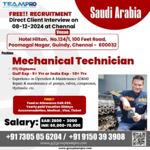 Hiring Mechanical Technician in Saudi Arabia