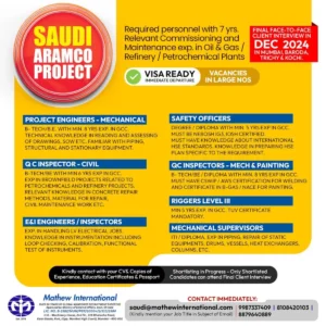 Urgent Requirements for Saudi Aramco Project in Saudi Arabia