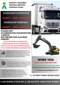 Work Visa Saudi Arabia - Workshop SupervisorForeman