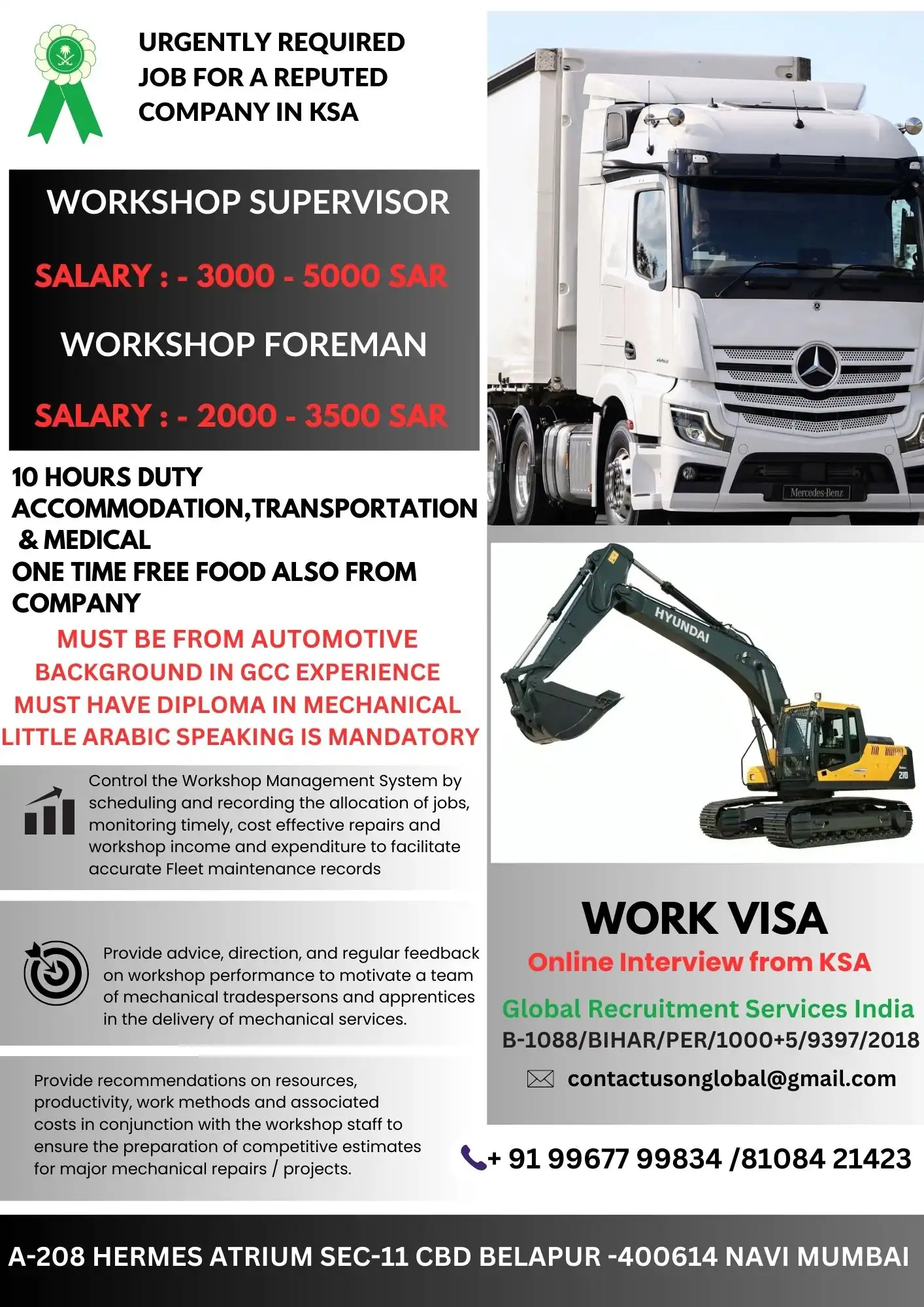 Work Visa Saudi Arabia - Workshop SupervisorForeman