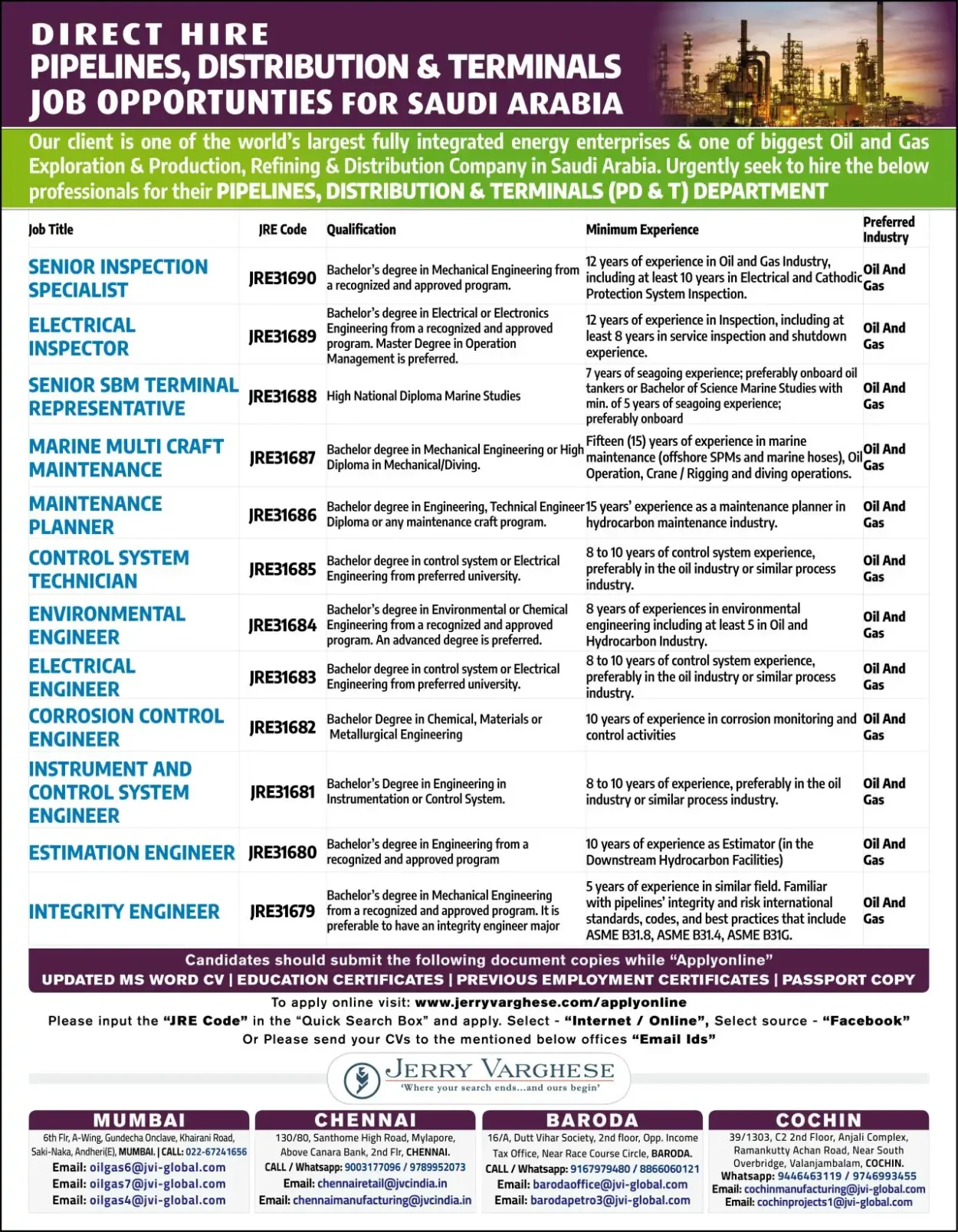 Hiring for PD&T Project in Saudi Arabia