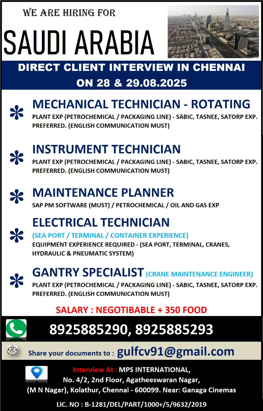 Gulf Jobs Want for Saudi Arabia - Chennai Interview