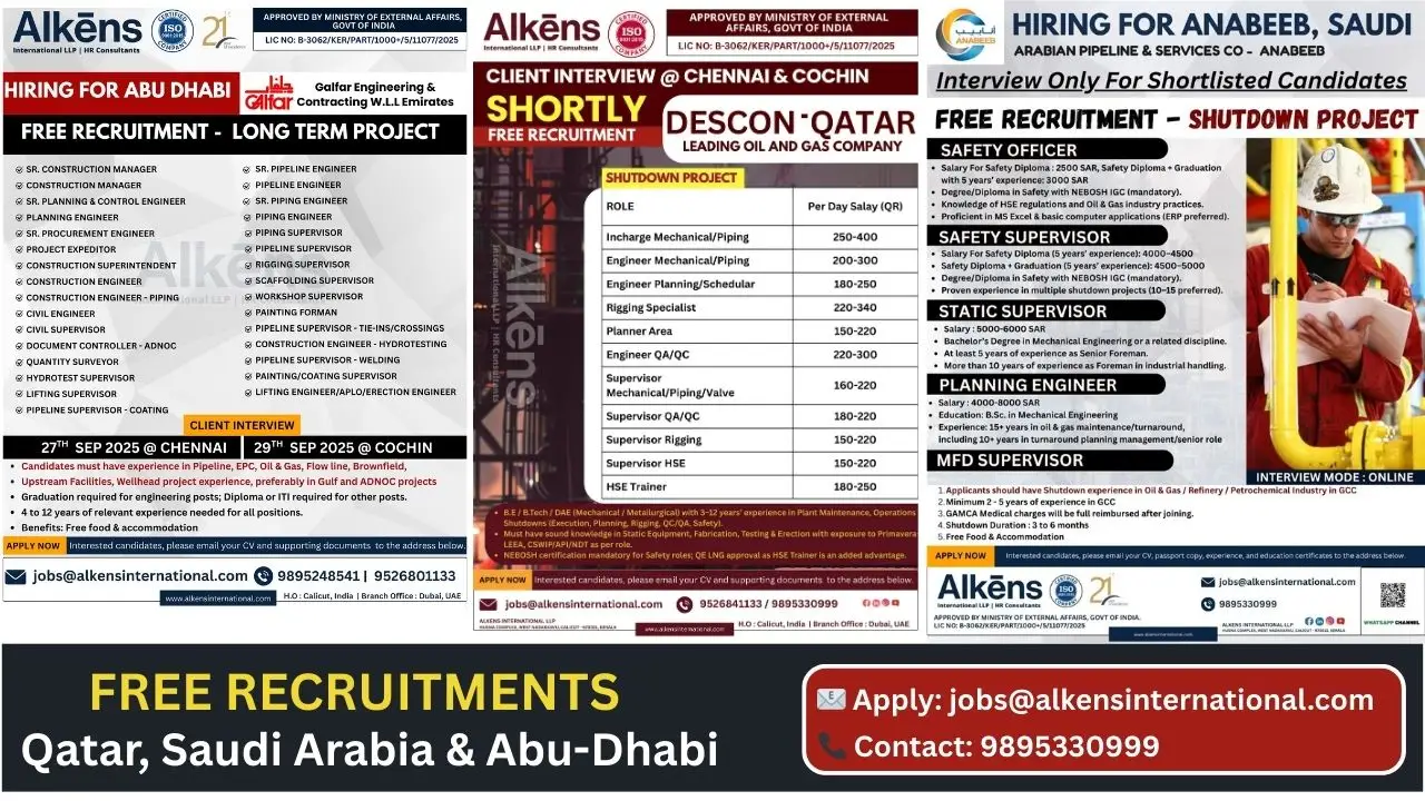 Free Recruitment for Gulf - 200+ Vacancies
