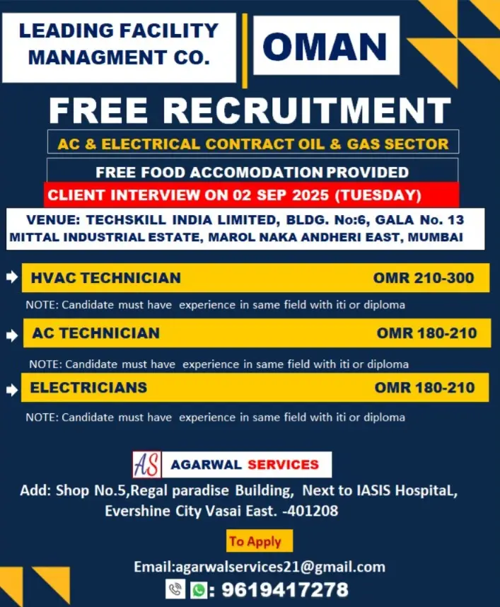 Free Recruitment for Oman - ITI Diploma