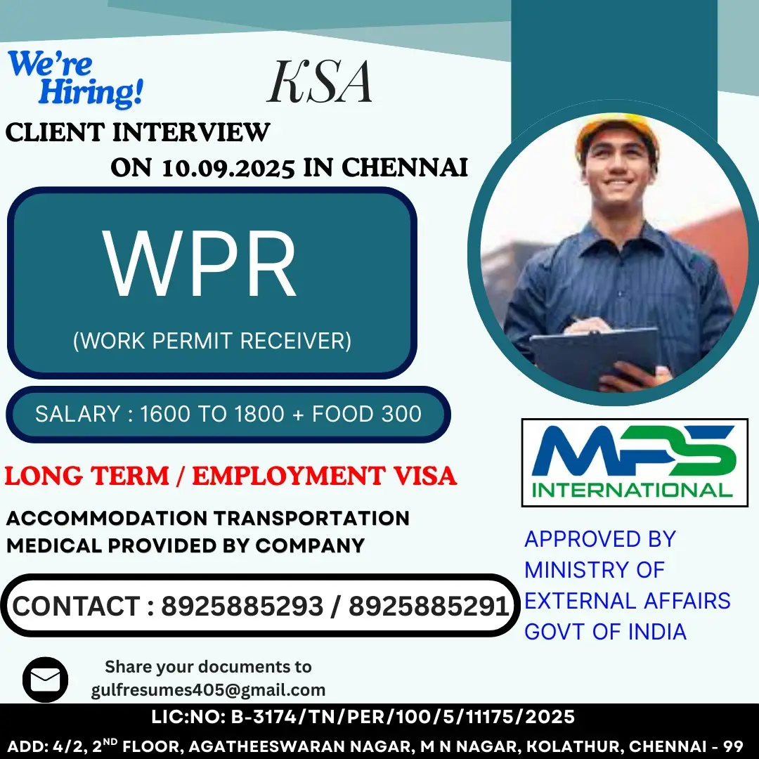 Hiring Work Permit Receiver (WPR) for Saudi Arabia