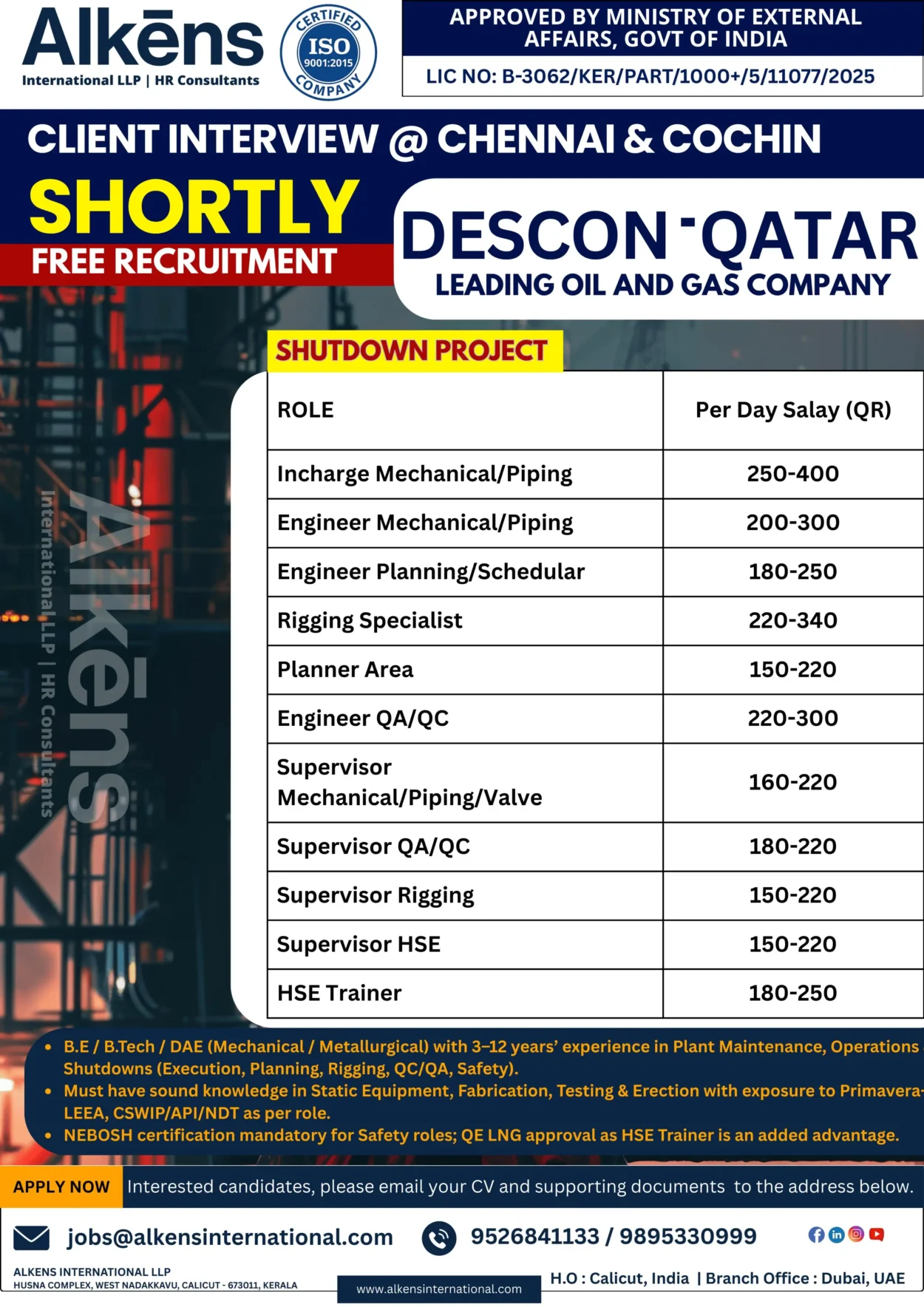 Hiring for Descon – Qatar (Shutdown Project)