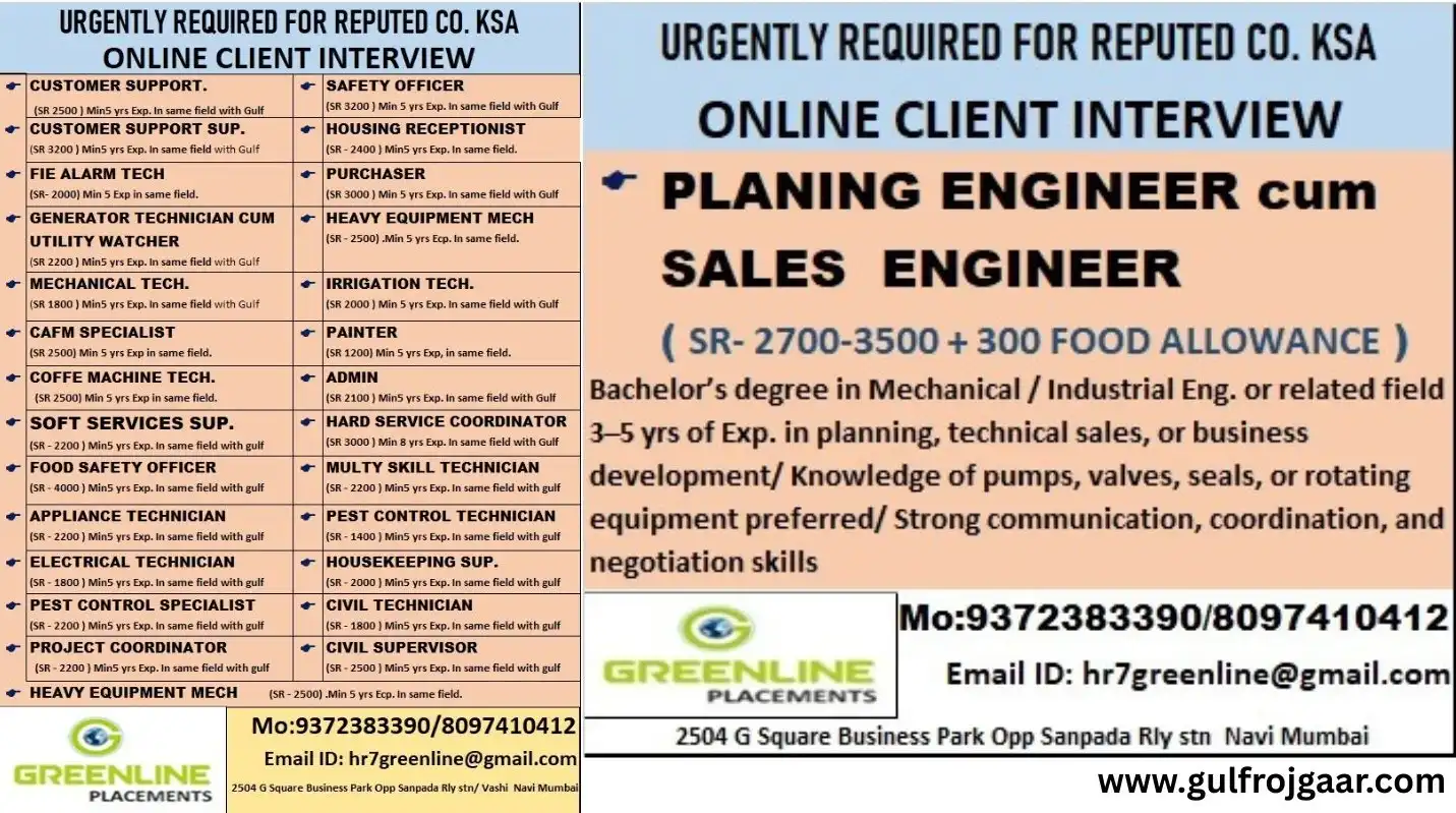 Urgently required jobs in Saudi Arabia - Online Interview