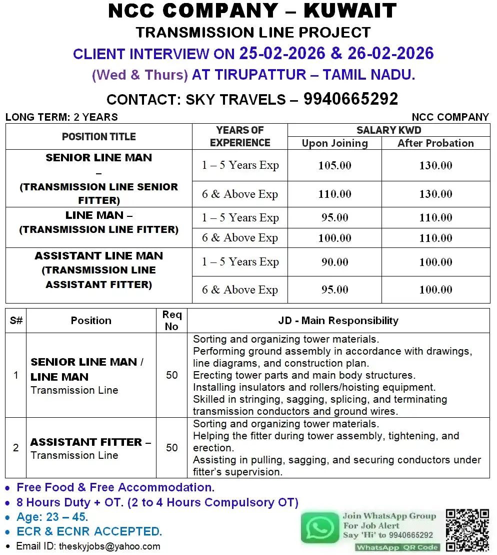 Urgent Gulf job Jobs for NCC Company – Transmission Line Project, Kuwait