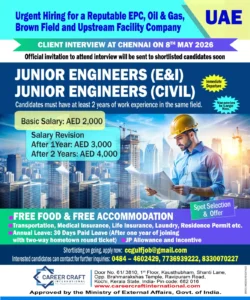 Hiring Junior Engineers (E&I Civil) for UAE (Oil & Gas EPC Company)