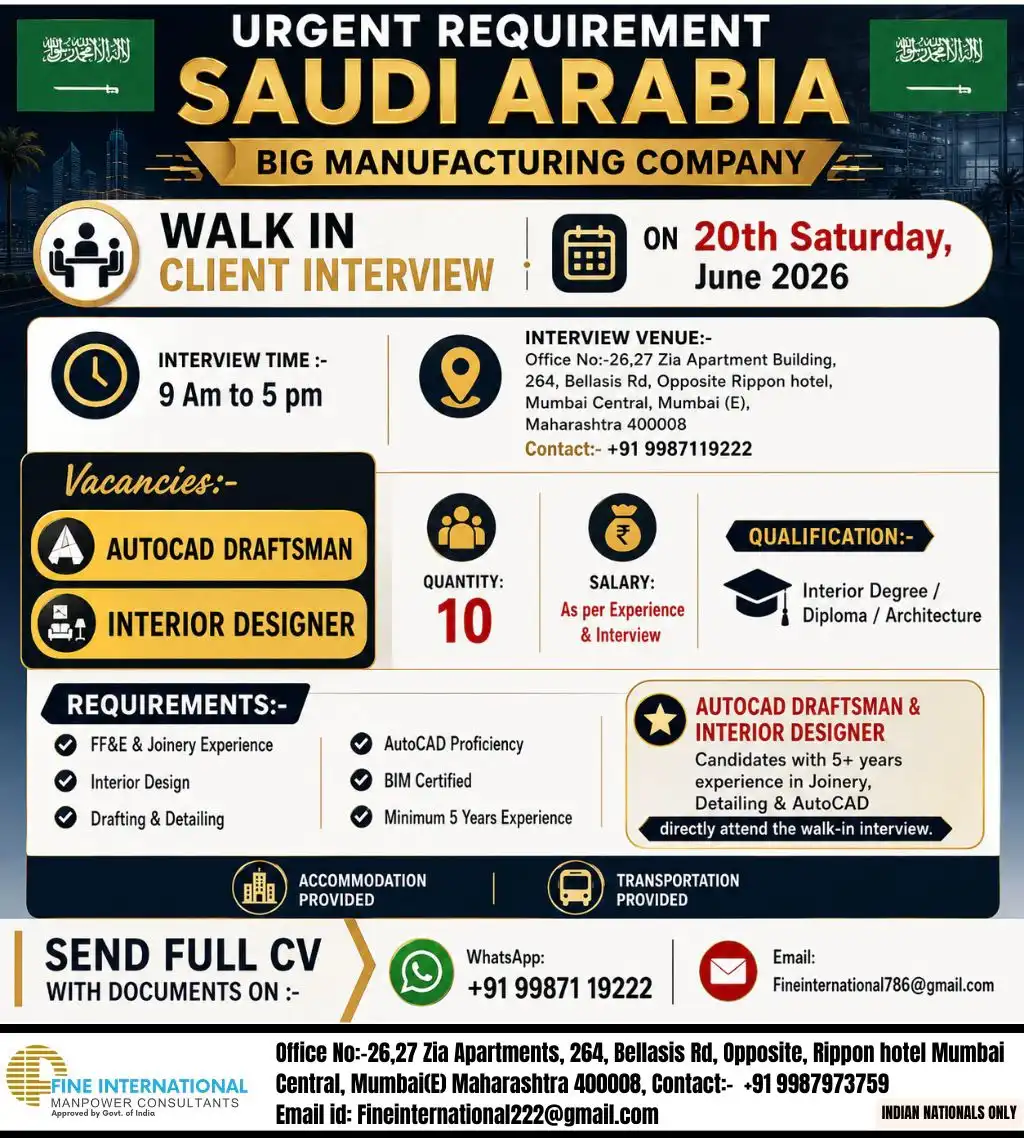 AutoCAD Draftsman & Interior Designer Jobs in Saudi Arabia Walk-In Interview
