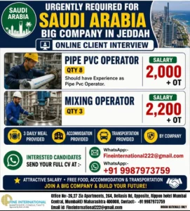 Jobs for Saudi Arabia Pipe PVC Operators and Mixing Operators