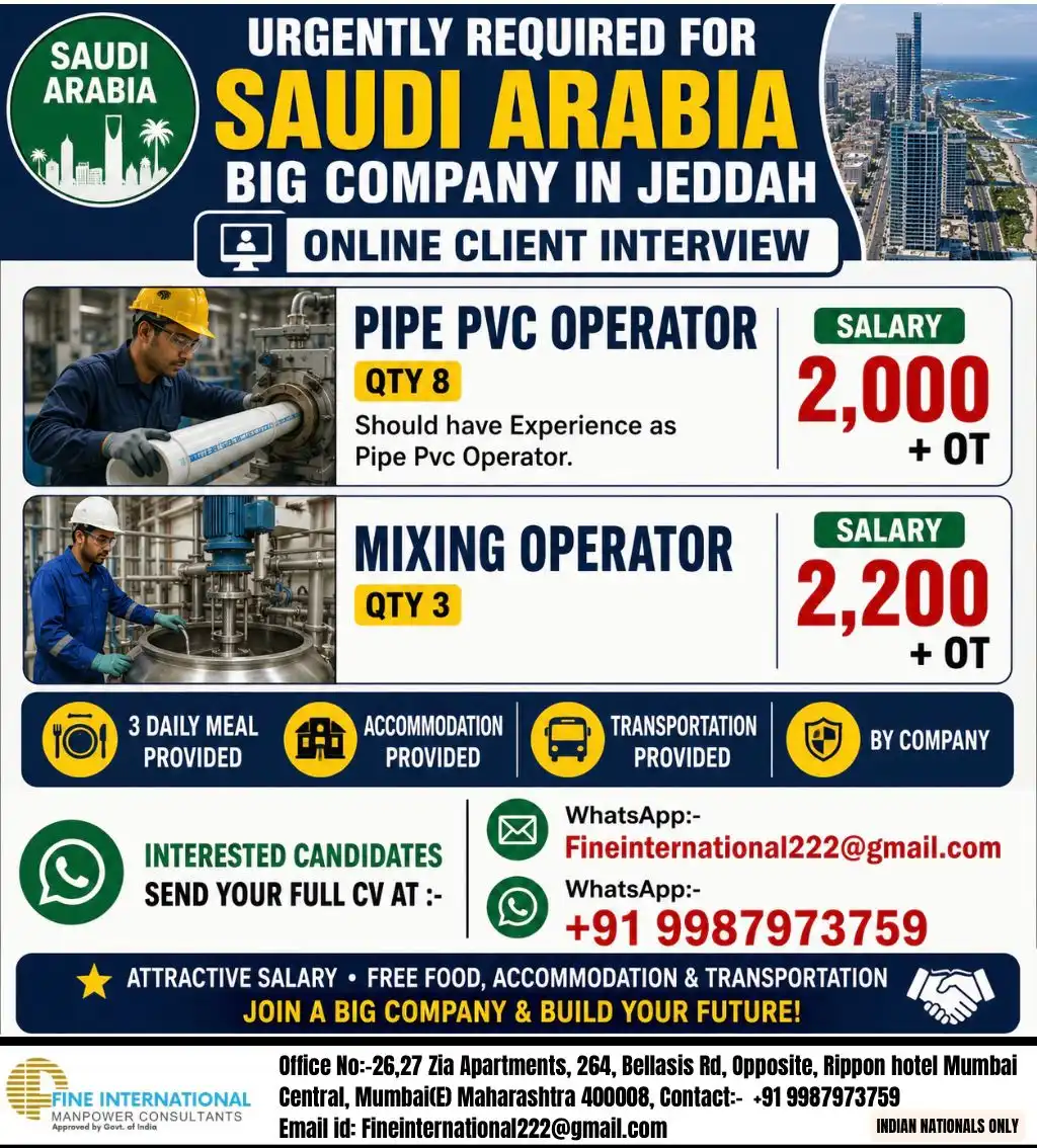 Jobs for Saudi Arabia Pipe PVC Operators and Mixing Operators