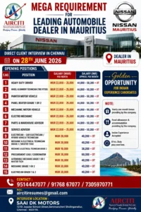 Nissan Mauritius Jobs 2026 – Direct Client Interview in Chennai