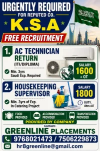 Free Recruitment for Saudi Arabia - Ac Technician Housekeeping Supervisor