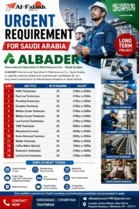 Urgent Hiring for Saudi Arabia – ALBADER International Operation & Maintenance Co.
