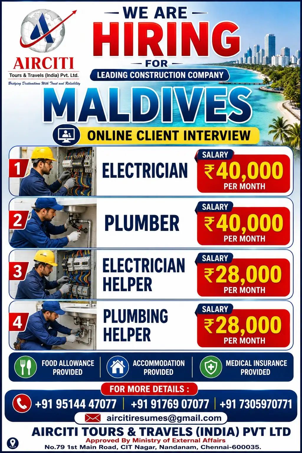 Chennai & Maldives construction jobs Job Openings in Maldives