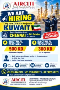 Jobs for Electrical Foreman & Technician in Kuwait Oil & Gas Project