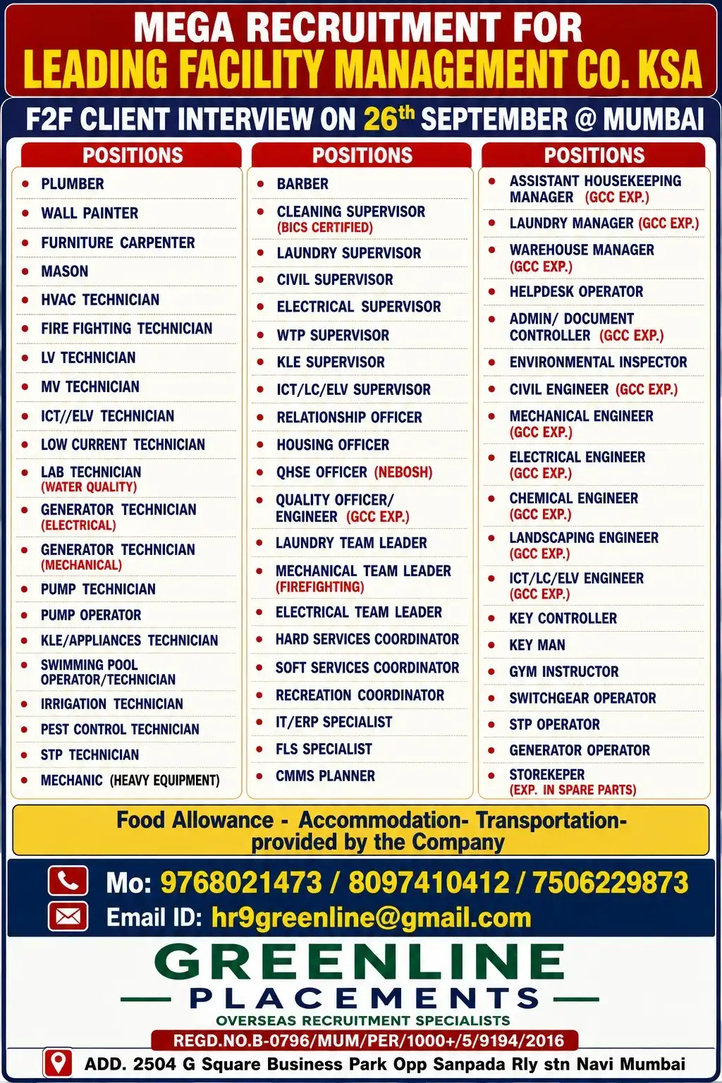 Mega Recruitment for Leading Facility Management Company in KSA