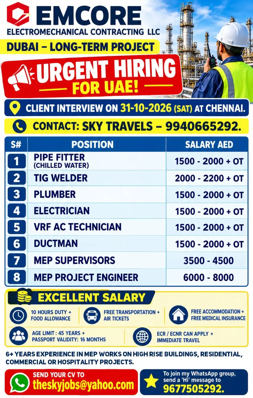 Urgent Hiring for UAE – EMCORE Dubai Project